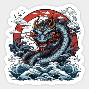 Dragon against the backdrop of a setting sun bathed in ocean waves Sticker